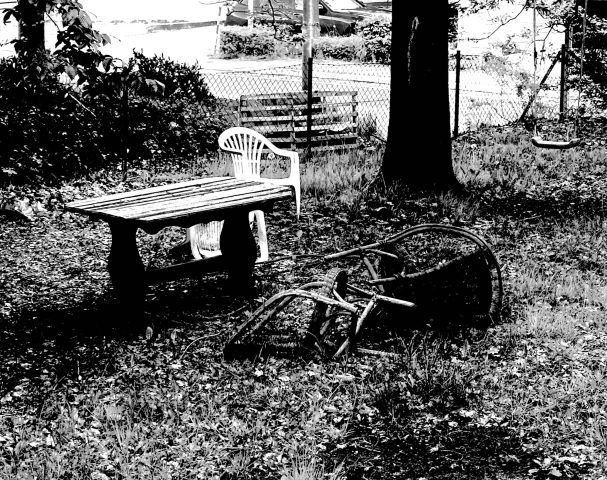 "Verlassner Holztisch und Stuhl unter Bäumen in einem Garten schwarzweiß fotografiert.