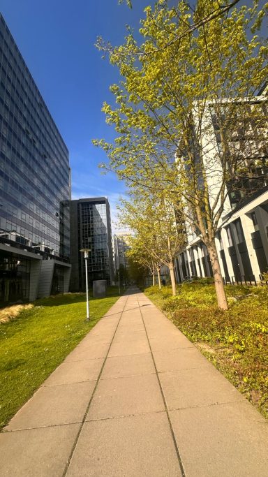 Ei sonniger Fusßwerg zwischen Bürogebäude in Frankfurt Niederrad, flankiert von Modernen Fassaden und Bäumen