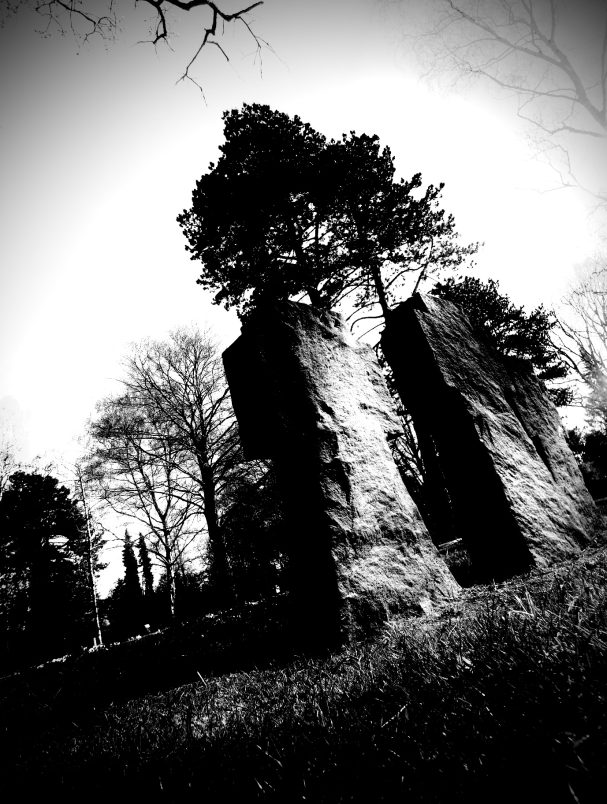 "Gräber deutscher Soldaten des Ersten Weltkriegs auf dem Ohlsdorfer Friedhof in Hamburg umgeben von Bäumen.