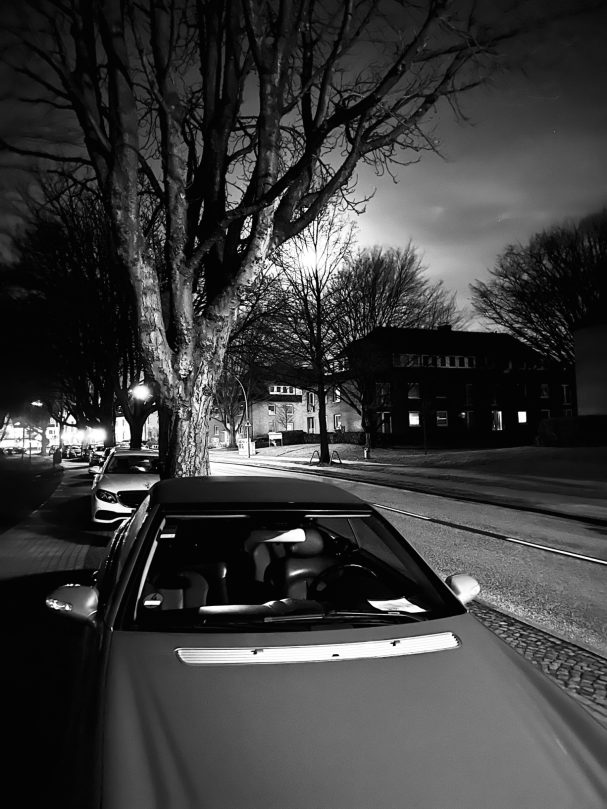 "Auto unter Straßenlaterne in der Ruhigen Abendstraße, Schwarzweißaufnahme mit Dunkler Baumkulisse."